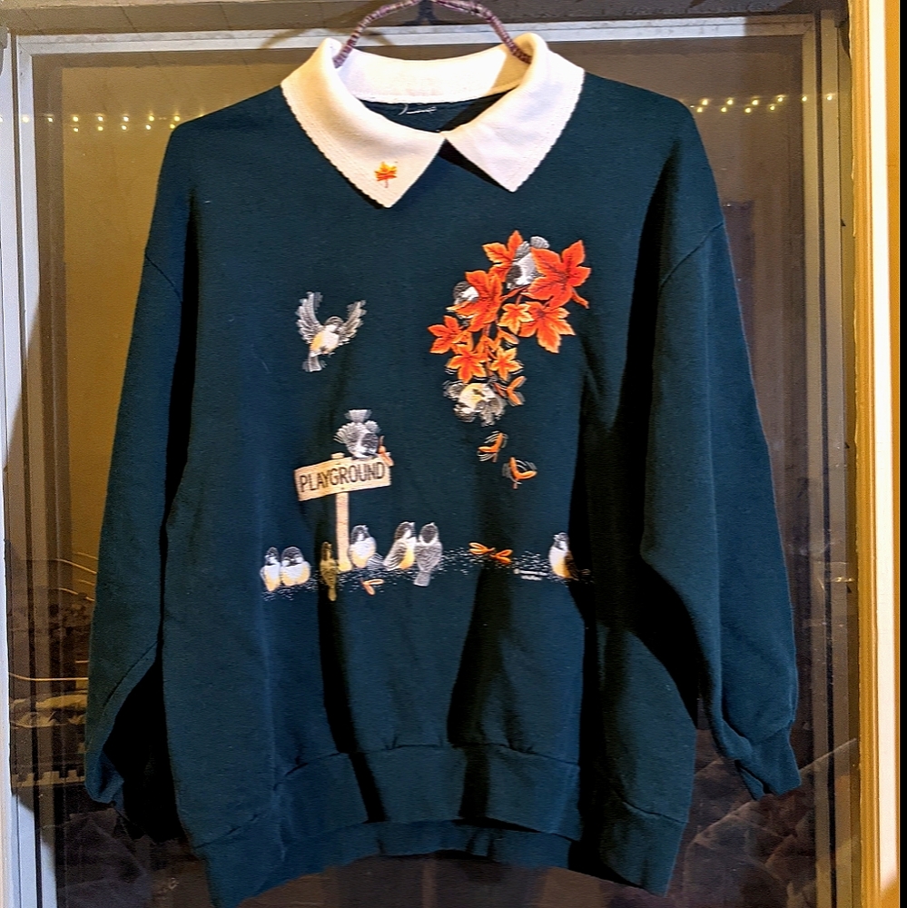 Vintage Autumn and Birds Teal Crew Neck w/ Collar